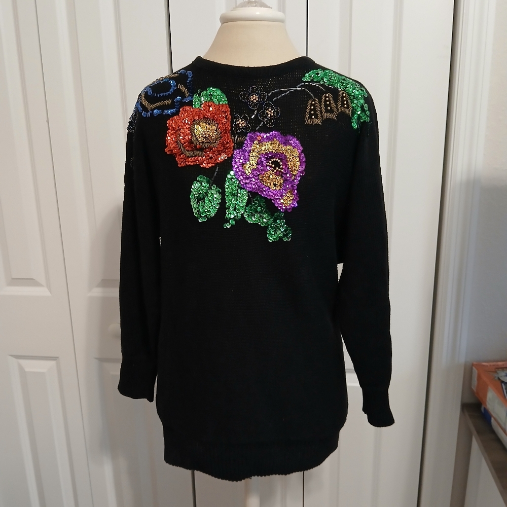 AMAZING VINTAGE 80s Victoria Jones Sequin Beaded Dolman Sleeve Sweater Medium